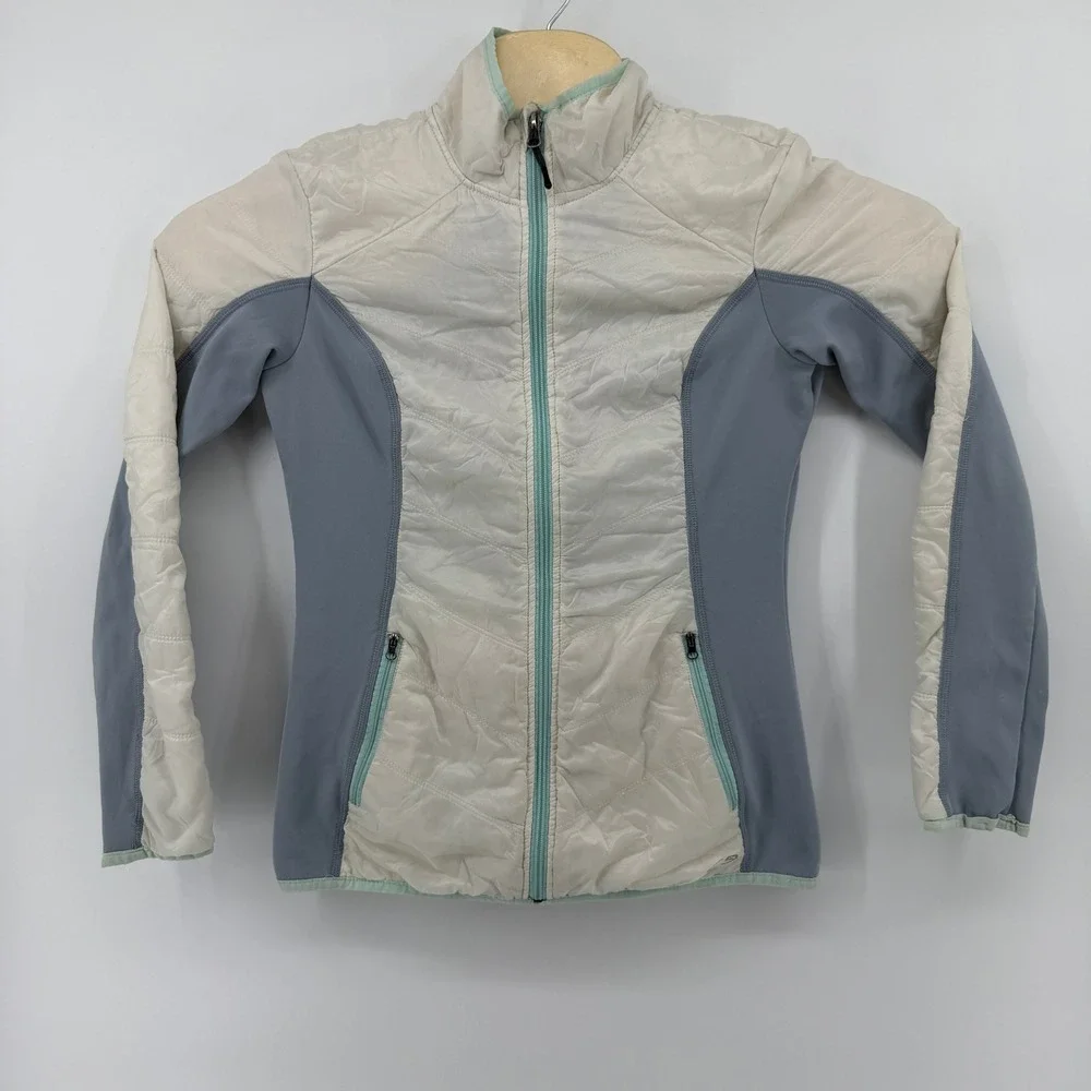 Champion Hybrid Puffer Jacket Womens Small Grey White Full Zip Mock Neck Active